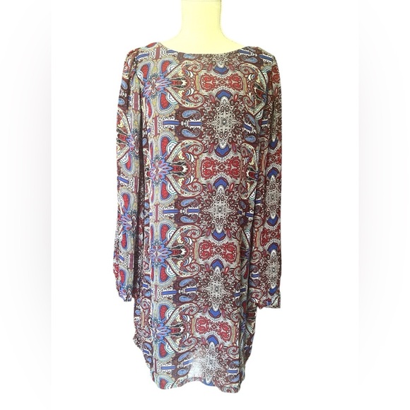 Fire Los Angeles Red and Blue Patterned Long Sleeve Dress Midi XL - Picture 5 of 12
